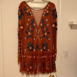 Free People Medium Orange and Blue Long-Sleeve Dress